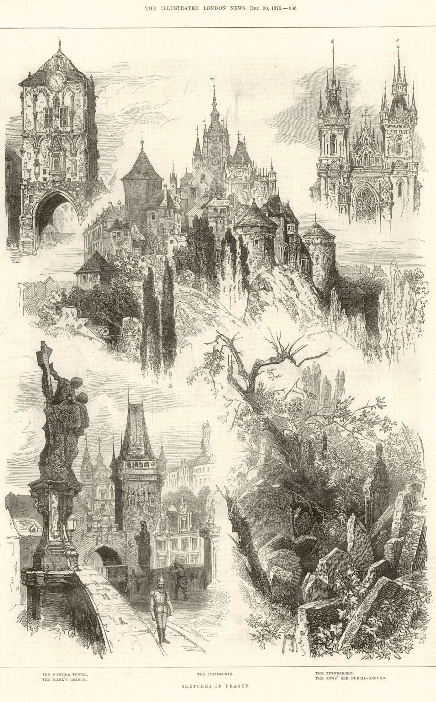Prague. Powder tower. Karl's Bridge. Hradschin. Teynkirche. Czech Republic 1876